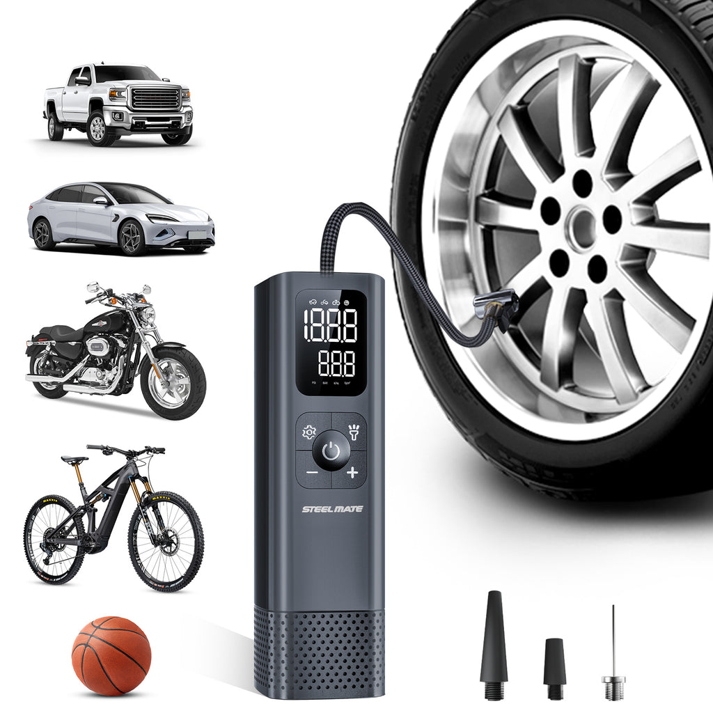 STEEL MATE T15A Tire Inflator Portable Air Compressor - 150 PSI Portable Air Pump with Accurate LED Tire Pressure Display, Fast Inflation for Vehicles, Motorcycle, Bikes Tires, Balls, Swimming Ring