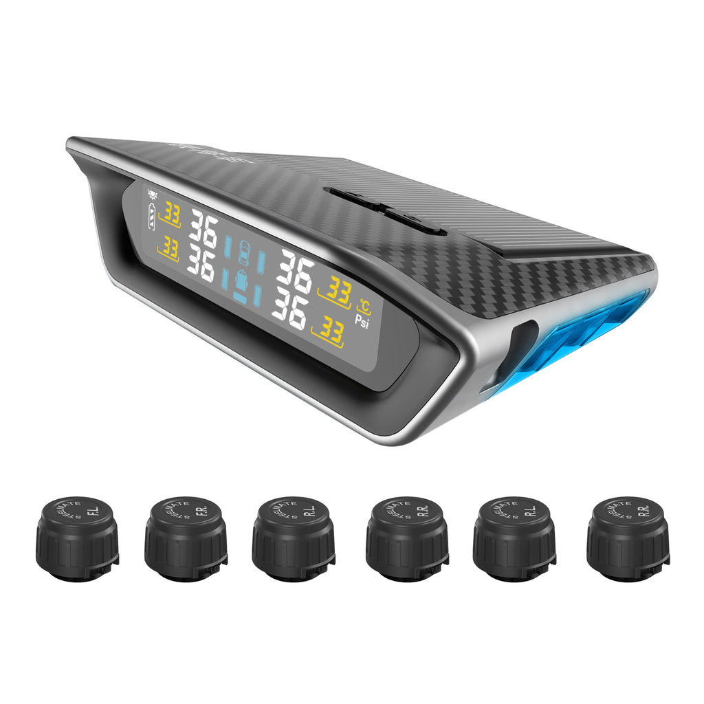 STEEL MATE V3 Tire Pressure Monitoring System - Solar Charging and USB Charging, LCD Display Tire Pressure Real-Time Monitor, 6 Alarm Modes with 6 External Wireless TPMS Sensors for RV, Trailer, Truck
