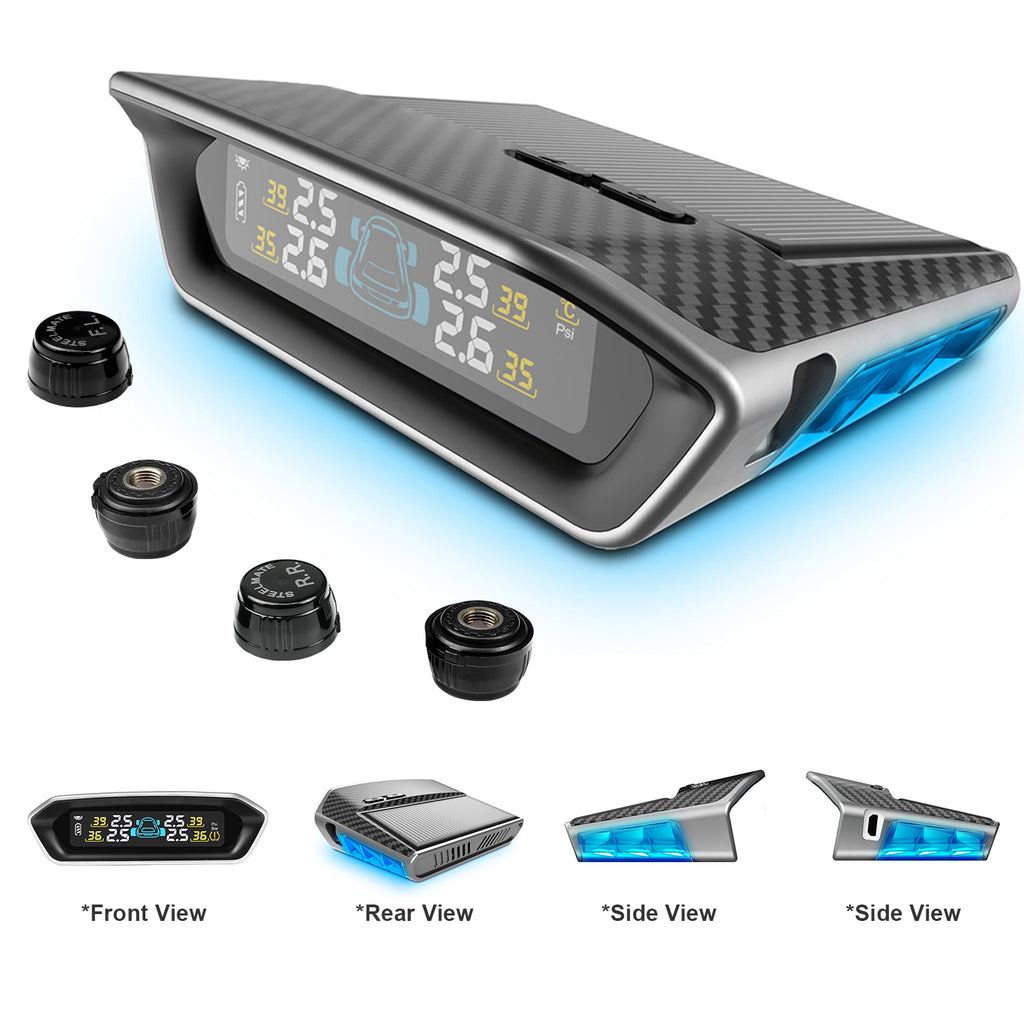 STEEL MATE Tire Pressure Monitoring System for RV Car - Solar Charge, Carbon Fiber Appearance, Auto Backlight & Sleep & Awake Mode, with 4 External Tpms Sensor