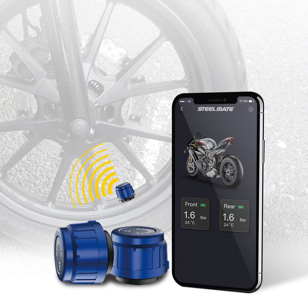 STEEL MATE 2pcs Bluetooth 5.0 Tire Pressure Monitoring System, Steelmate Tire Pressure & Temperature Alarm TPMS Monitor with 2 External Sensor for Motorcycle, Bicycle, Support iOS & Android