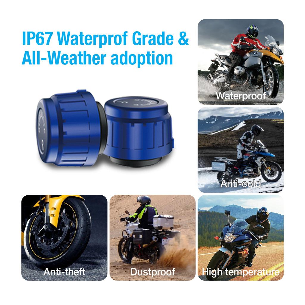 Wireless Motorcycle TPMS With 2 External Sensors - LCD Display, IP67 Waterproof, Tire Pressure & Temperature Alarm