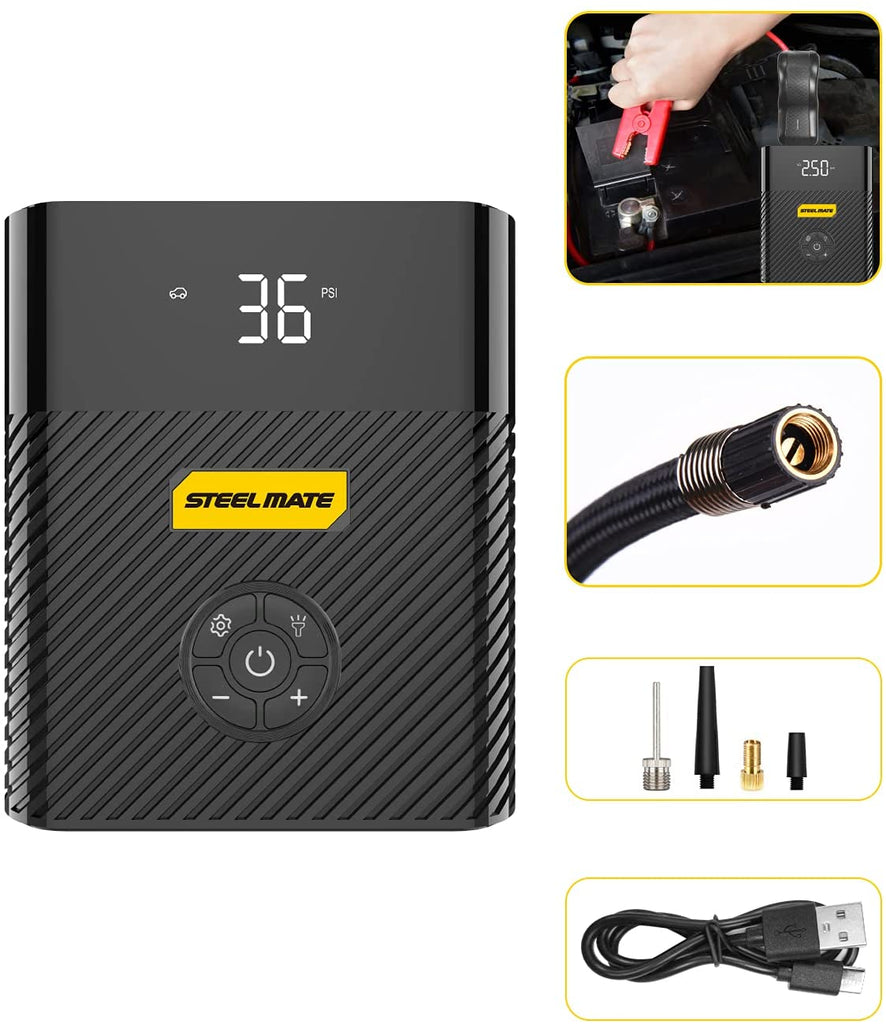 STEEL MATE Air Compressor Portable Air Inflator Hand Held Tire Pump 8800mAh with Digital LCD LED Light DC5V/2A Power Bank Jump Starter 120PSI for Car Bicycle Tires and Other Inflatables SP1